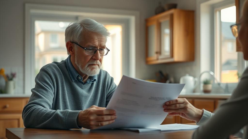 Somber elderly couple reviewing burial insurance benefits paperwork at kitchen table