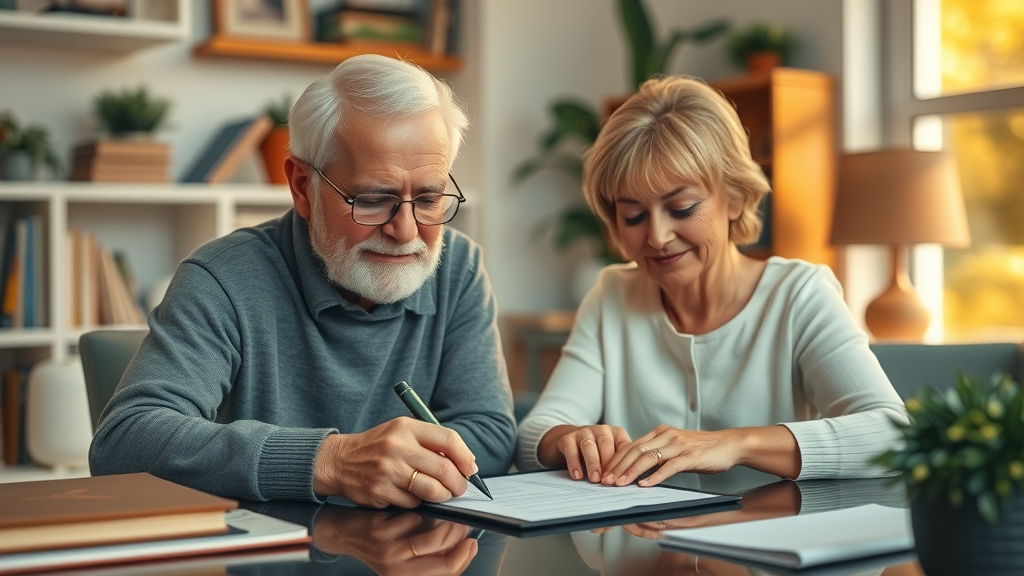Estate planning serene older couple signing estate planning documents warm home study