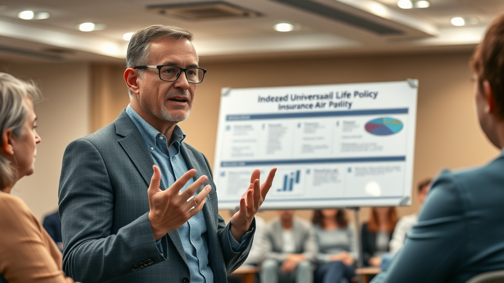 Insurance expert explaining indexed universal life policy to adult learners with a visual aid | indexed universal life policy explained