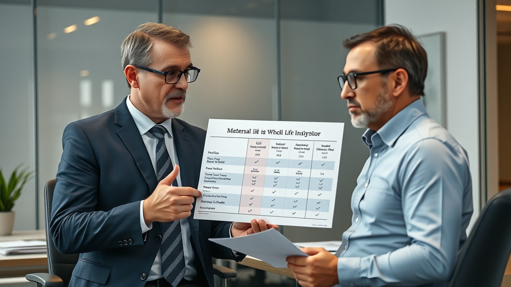 Insurance advisor comparing IUL, universal life, and whole life insurance policies in a professional office
