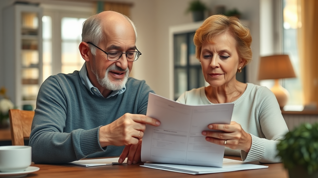 Compassionate elderly couple discussing final expense insurance documents at home