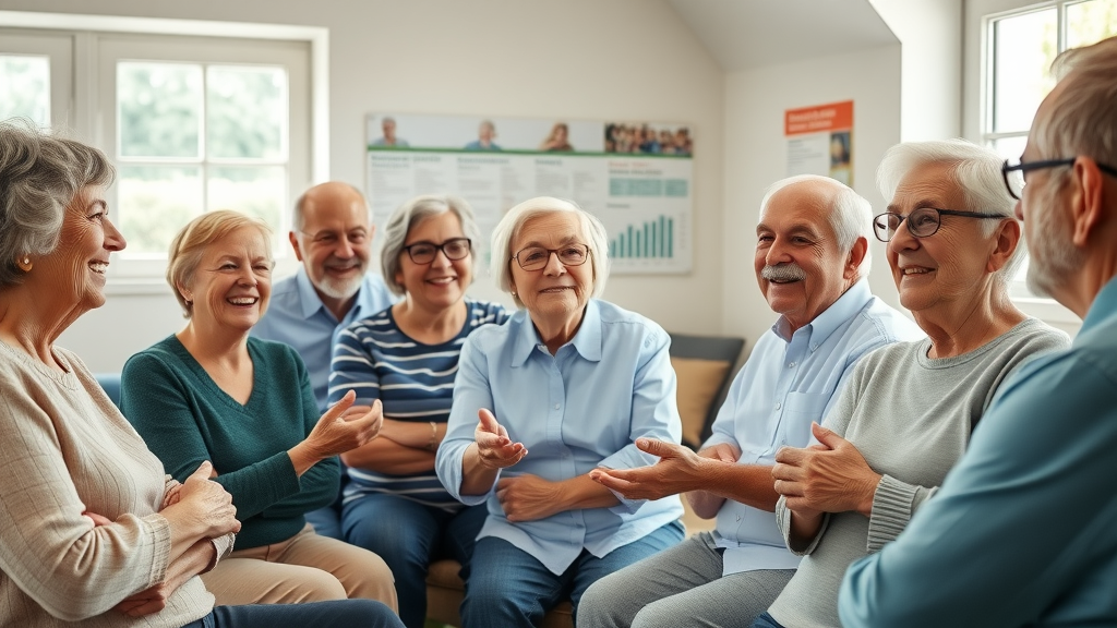 mixed-age seniors receiving insurance alternatives presentation from advisor in contemporary community room