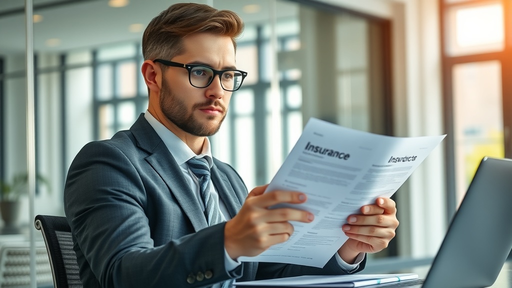 confident small business owner reviewing insurance policy documents at a modern workspace, small business owner insurance