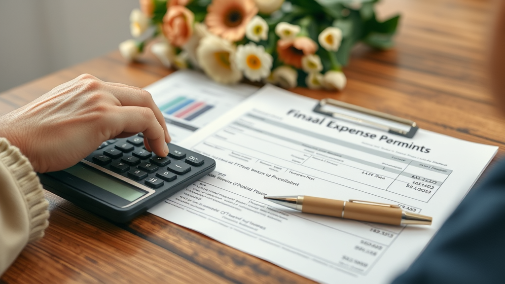 Elderly hand reviewing final expense documents and calculator, planning for family