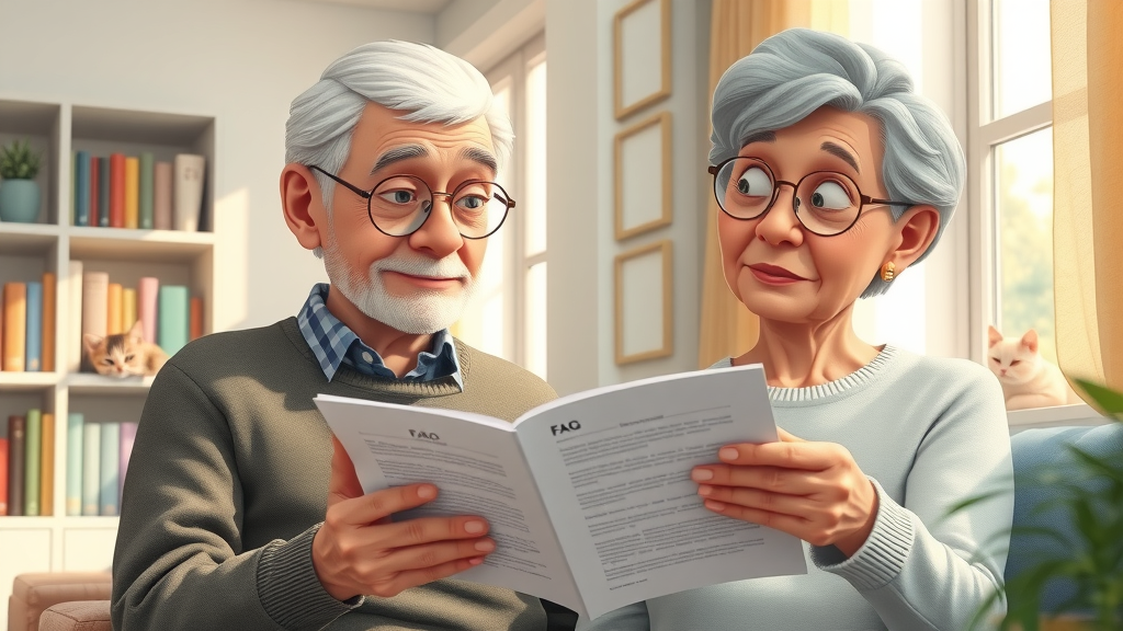 Thoughtful seniors reviewing FAQ booklet, financial security in retirement, pastel home setting with cat