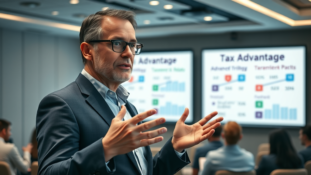 mature financial expert outlining advanced funding retirement strategies at seminar