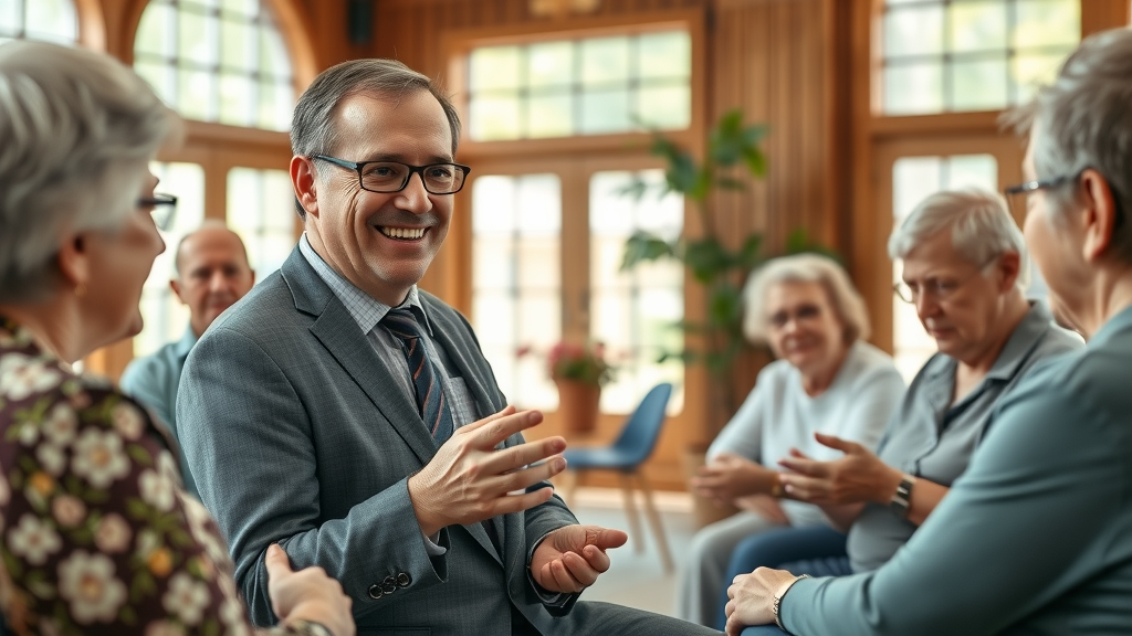 Experienced independent insurance agent consulting with seniors in a community center about life insurance options