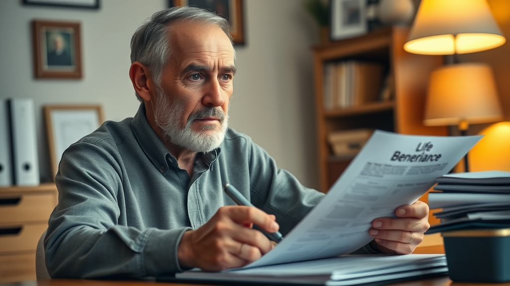 senior man reviewing life insurance beneficiary forms, calm home office environment