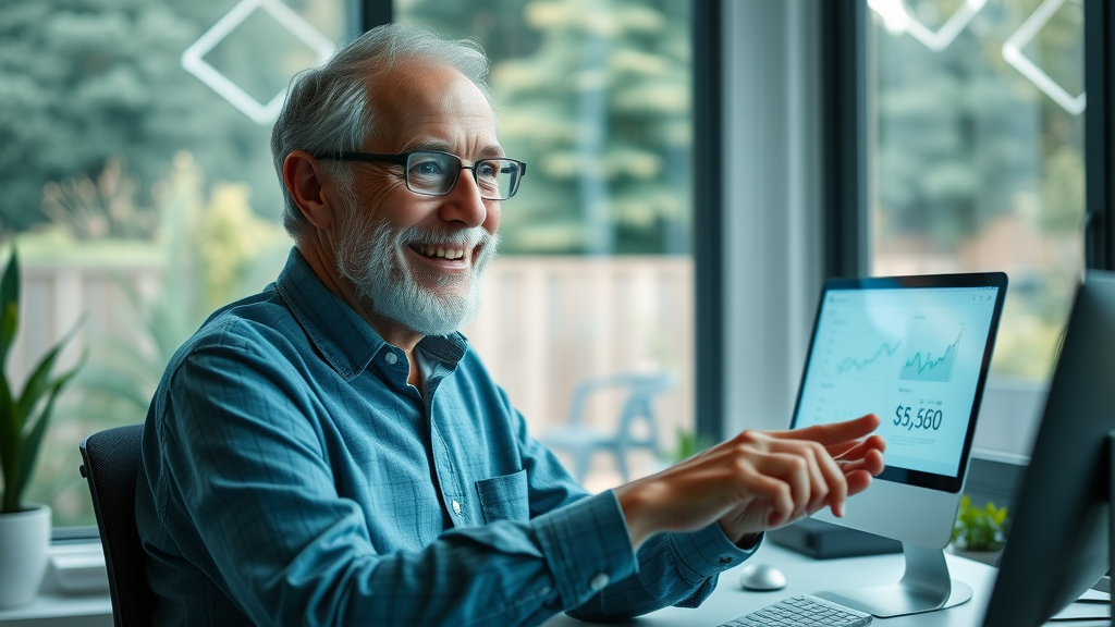 happy retiree analyzing digital dashboard for guaranteed retirement income solutions