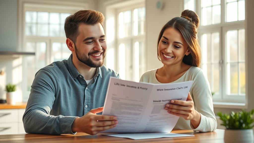 Informed young professional couple reviewing a life insurance policy, IUL cash value discussion, modern home setting