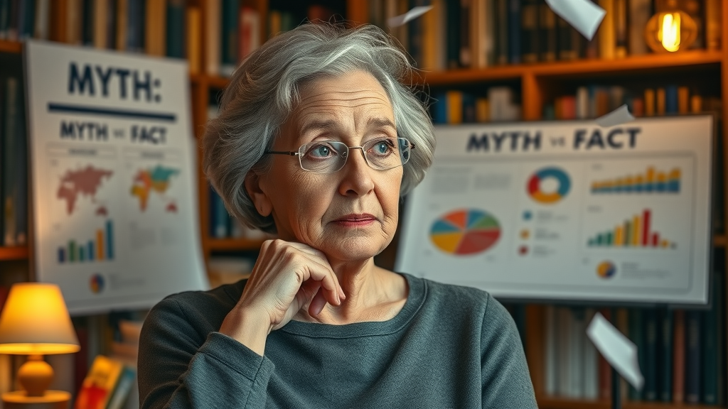 Senior woman debunking myths about life insurance for seniors with fact chart on desk