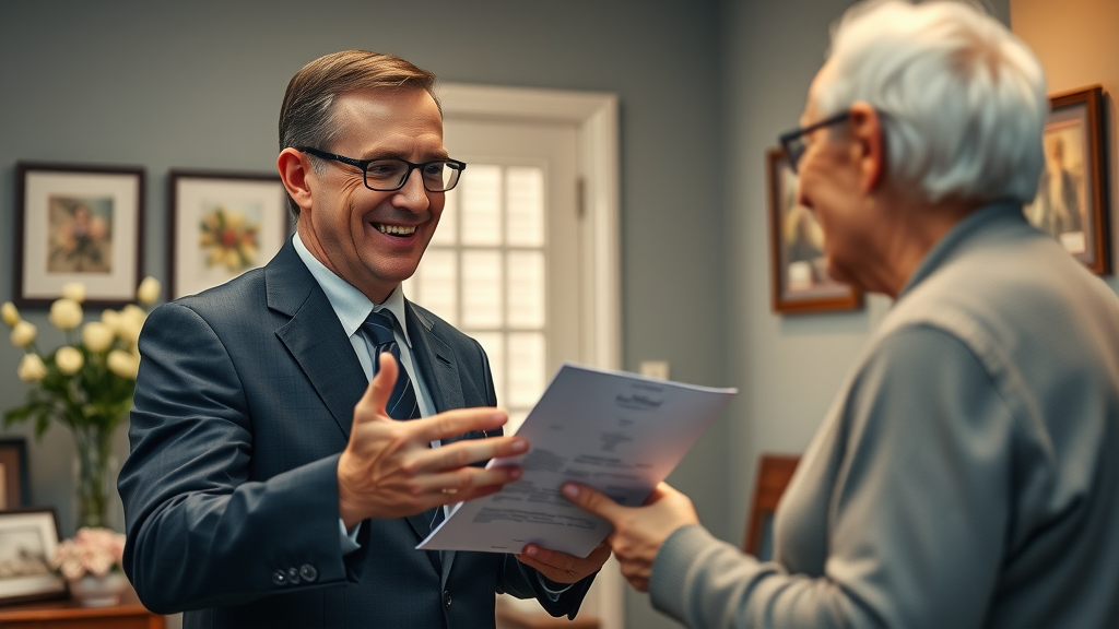 funeral director explaining prepaid burial plan contract to elderly client in funeral home office