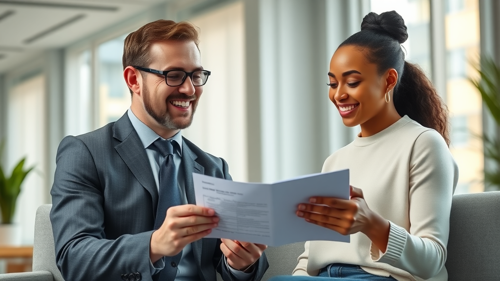 Financial advisor discussing life insurance options with a young diverse couple in a modern office | indexed universal life policy