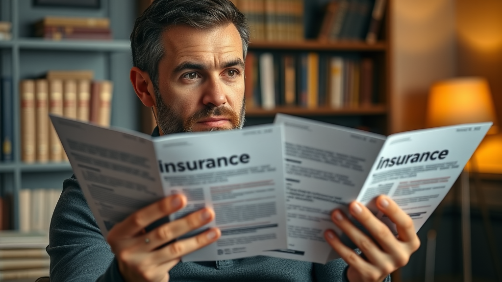 thoughtful man comparing final expense coverage brochures in a warm, inviting study