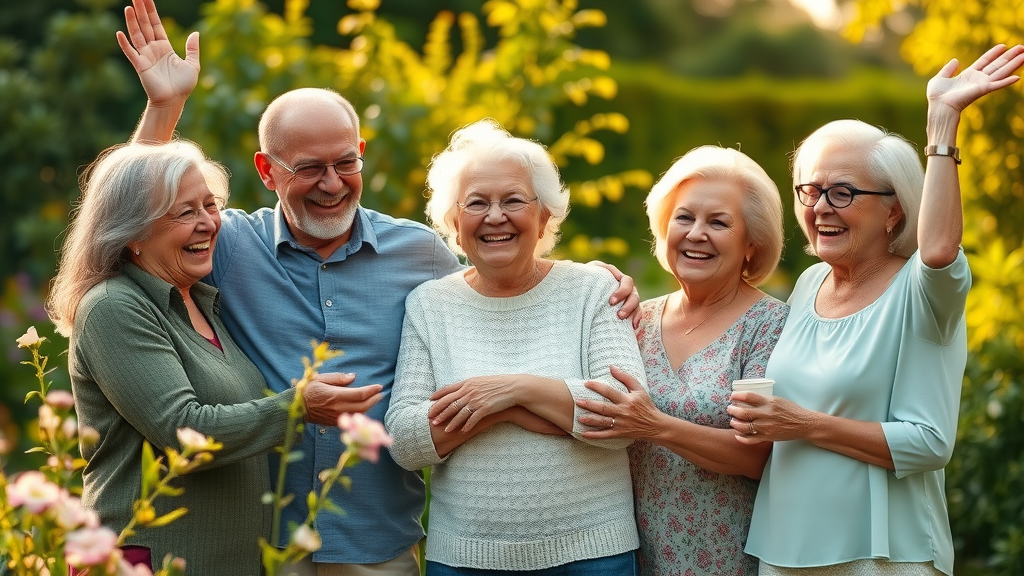 uplifted senior family celebrating security from senior life insurance policies in a garden with sunlight