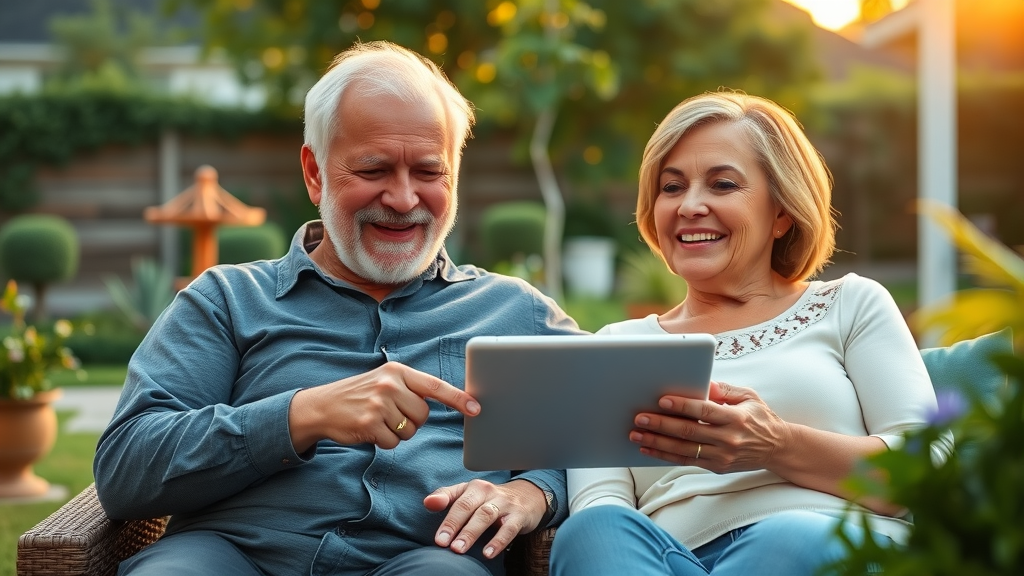 Retirement plan financial planning confident middle-aged couple reviewing retirement savings on tablet outdoors