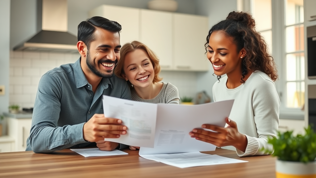 hopeful diverse family smiling reviewing financial papers together for financial security for families