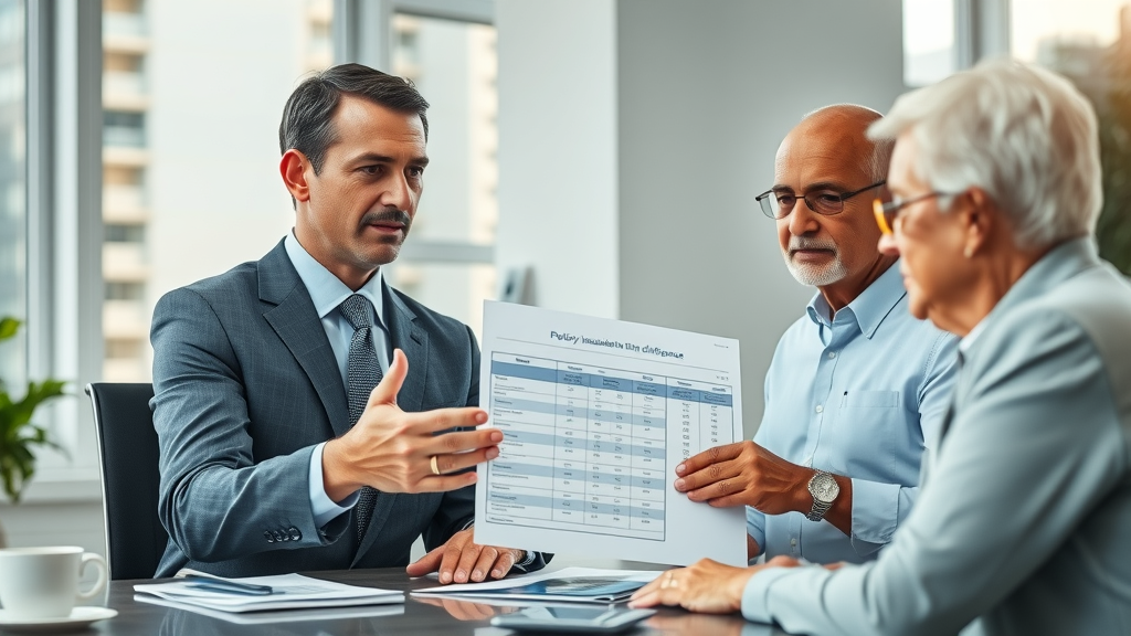 insurance advisor explains final expense vs traditional life insurance to senior couple, comparison chart in office