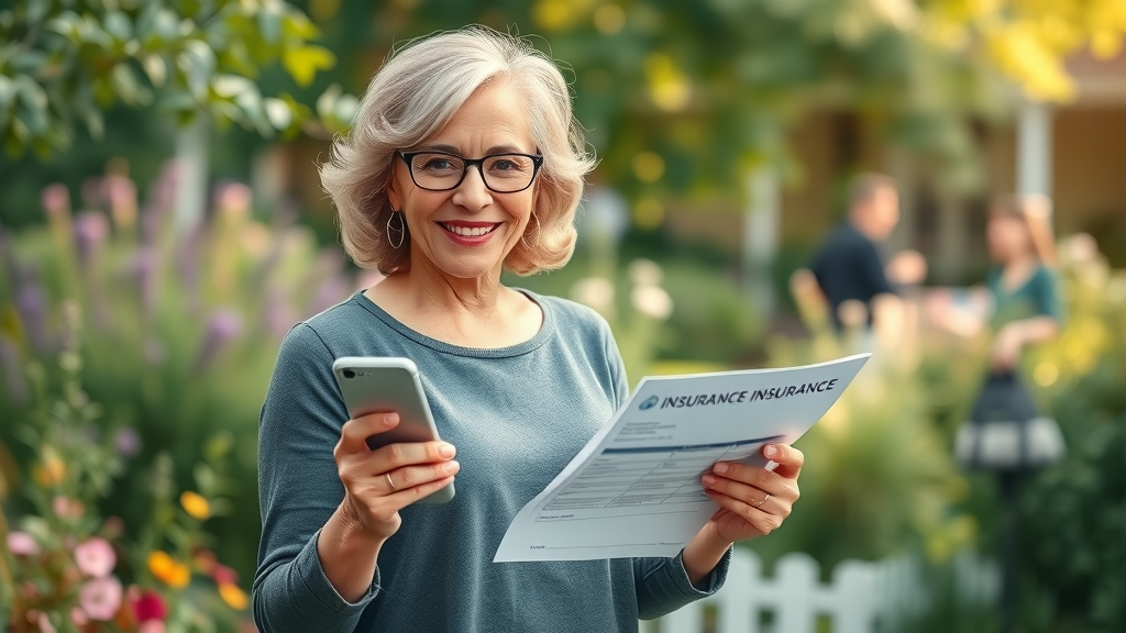 senior woman holding smartphone comparing burial insurance quotes in a serene garden