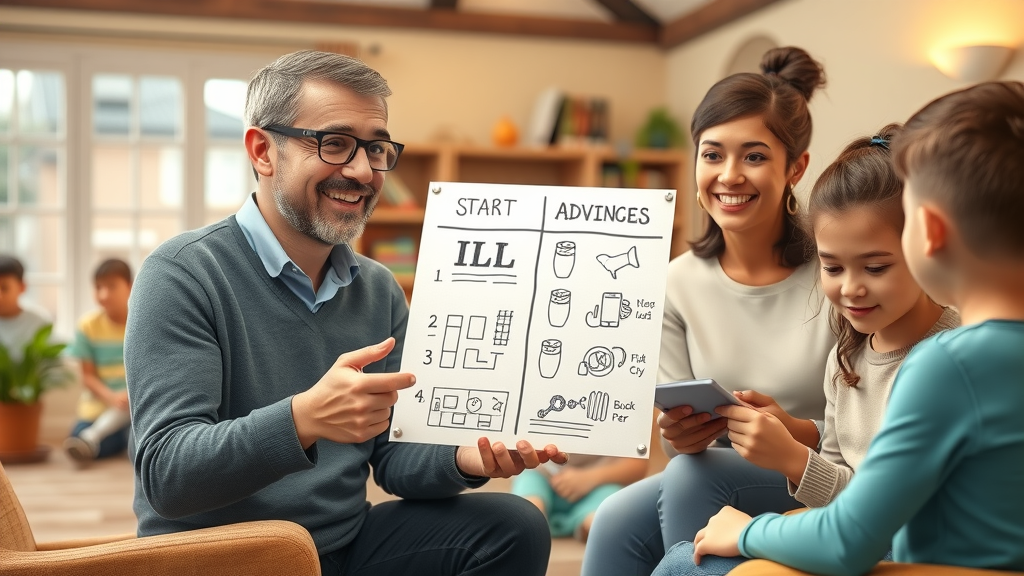 Friendly financial advisor counseling family with hand-drawn IUL illustrations, exploring policy options for growth