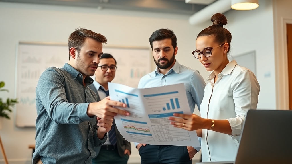 Small business team collaborating over business plan, determined, financial documents, business plan discussion, coworking space, business financial plan