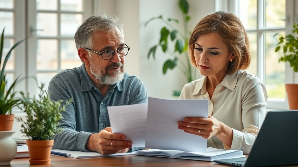 mature couple deciding on burial insurance, reviewing affordable burial insurance pros and cons, thoughtful expression, home study, policy documents