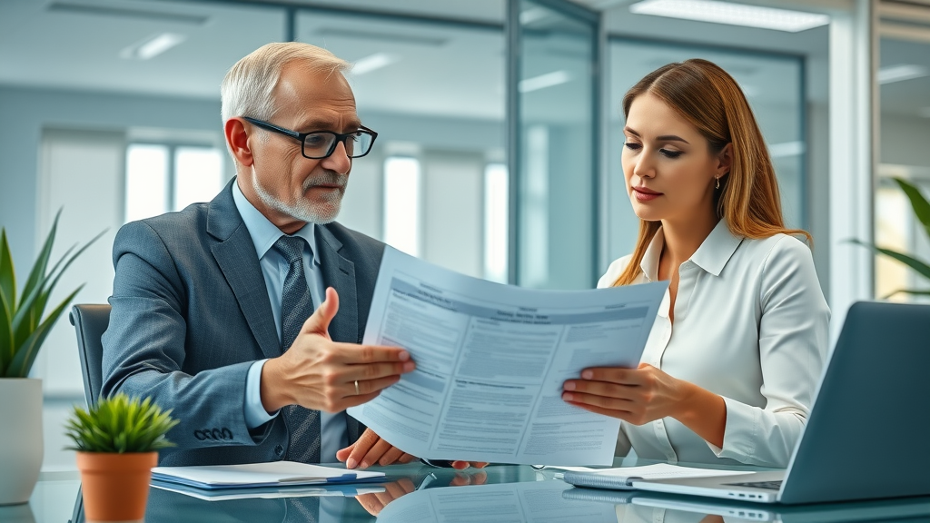 Confident senior man and female insurance agent reviewing burial insurance policy documents