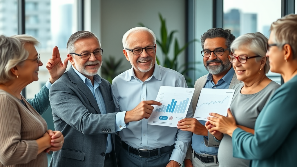 Confident financial advisor explaining hidden retirement concepts and advanced strategies to seniors in a modern office, uncovering new retirement planning insights.
