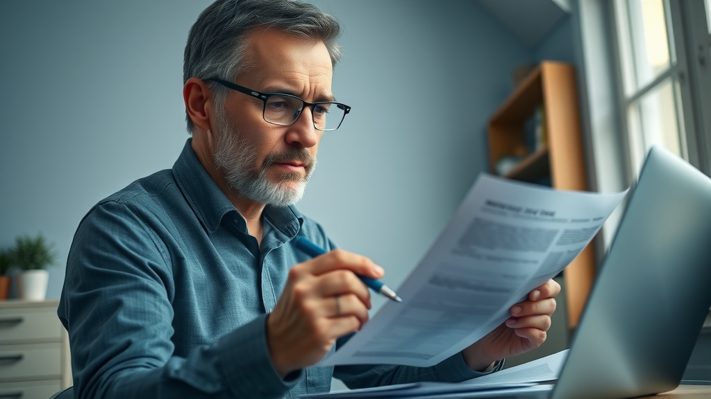focused middle-aged man analyzing burial insurance paperwork in a tidy home office