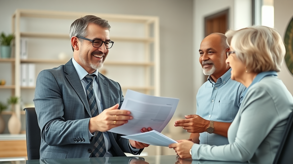 reassuring insurance agent discussing burial insurance options with a senior couple in a bright office