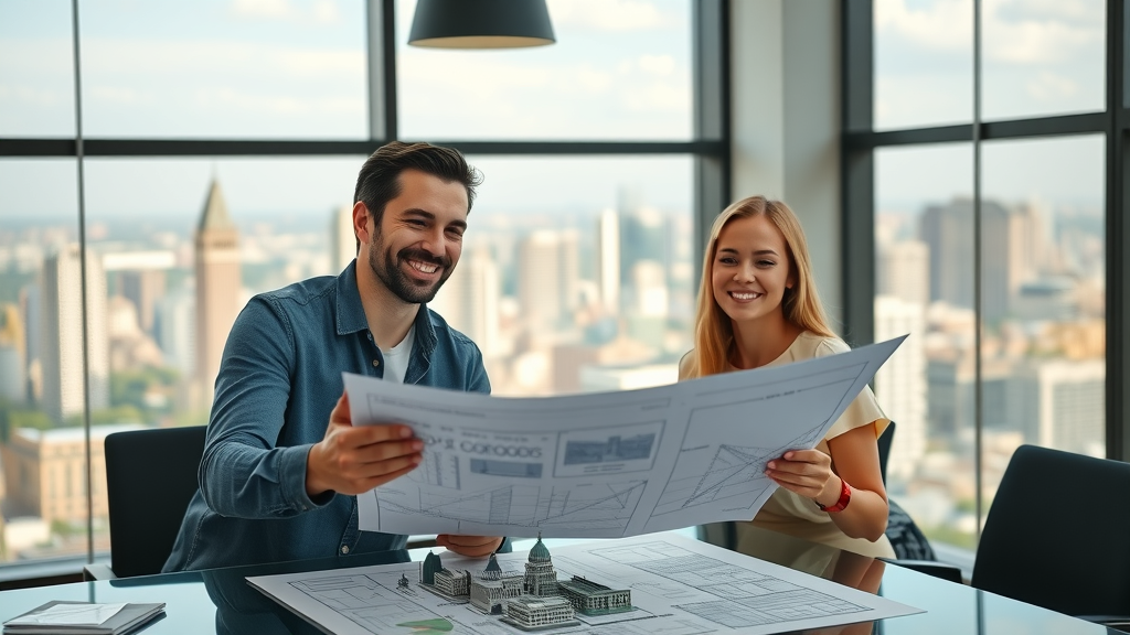 young couple reviewing blueprints as part of a real estate focused wealth building strategy