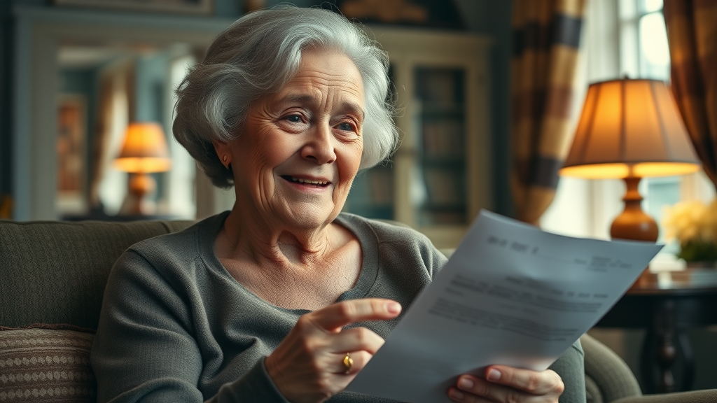 thoughtful elderly woman with gentle smile reading a letter, burial insurance, cozy home interior