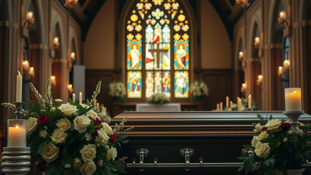 detailed memorial service with casket and flowers showing value of prepaid funeral plans