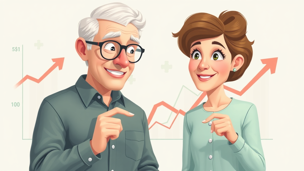 Senior man and woman reviewing a graph of rising life insurance premiums for seniors, illustrated style