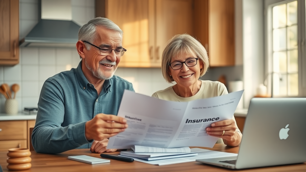 confident older couple reviewing senior insurance eligibility documents at kitchen table