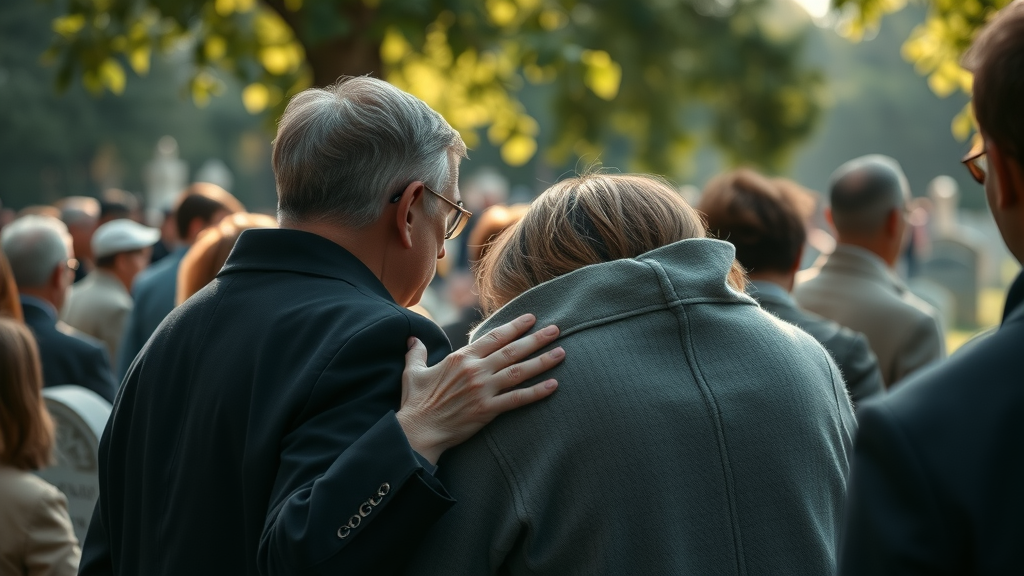 somber crowd at a funeral, comforting one another in a serene cemetery setting
