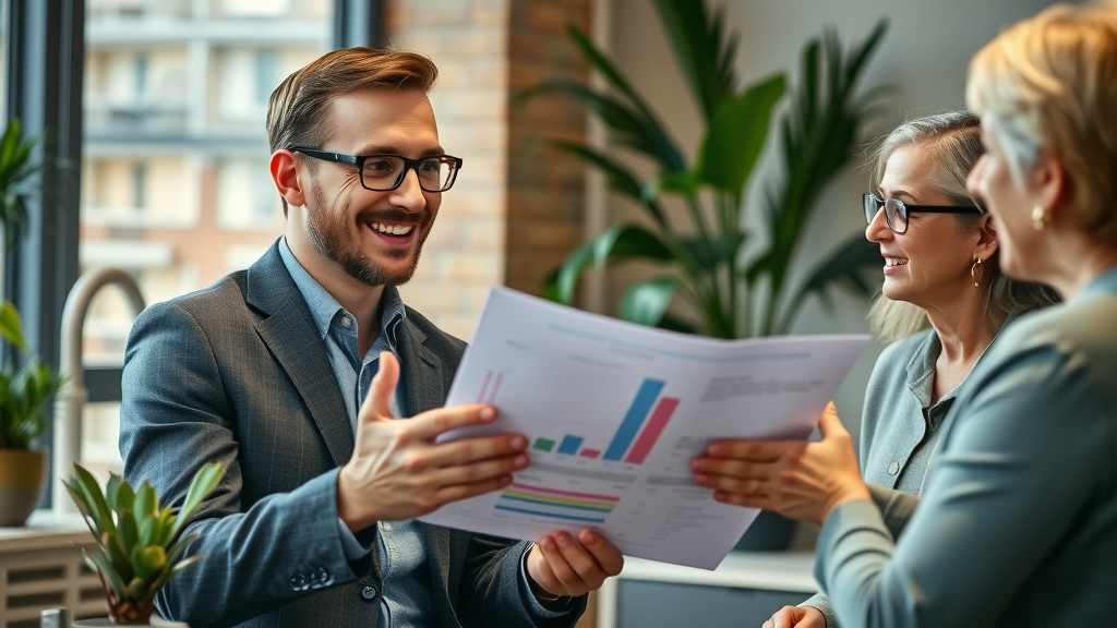 insurance advisor explaining indexed universal life insurance to clients, flexible policy