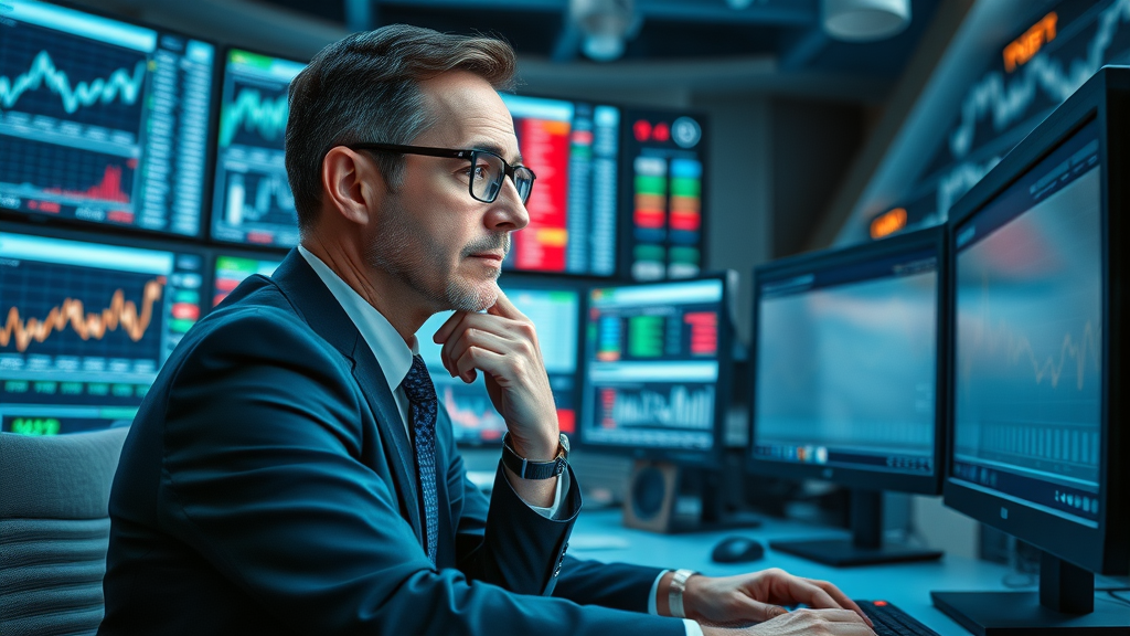 investor analyzing mutual funds and investment options on monitors for funding retirement