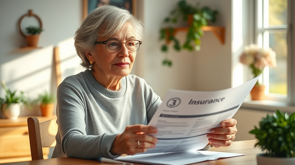 confident senior woman reviewing insurance paperwork for senior life insurance policies at kitchen table