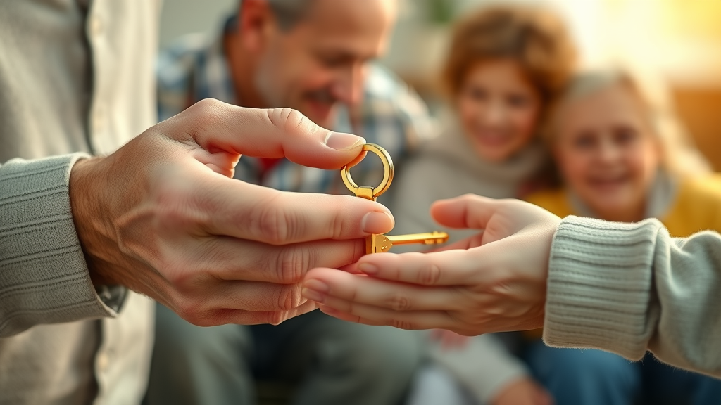 senior hands passing symbolic golden key to younger family for life insurance for elderly