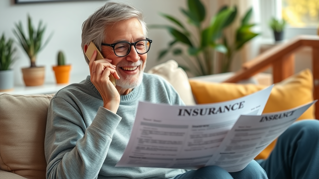 Satisfied final expense insurance customer on phone with policy documents