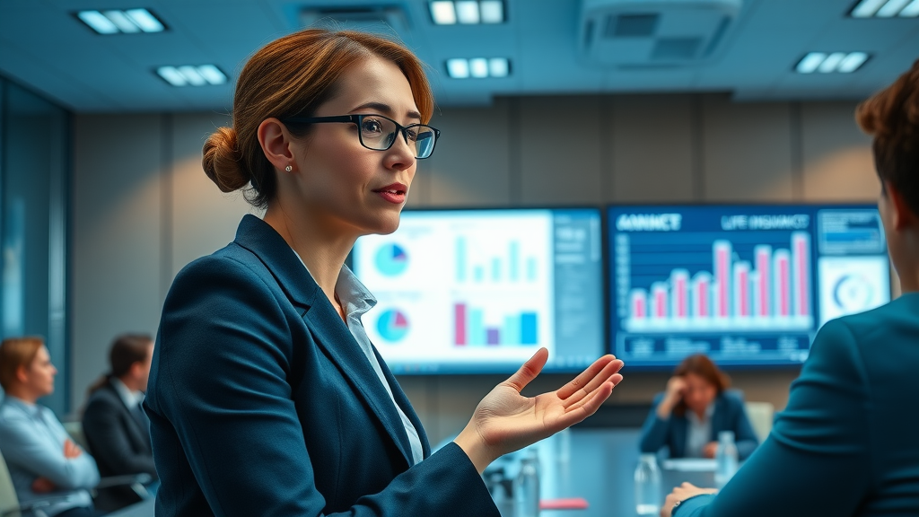 Businesswoman presenting life insurance statistics on a digital screen in a corporate boardroom | life insurance statistics trends