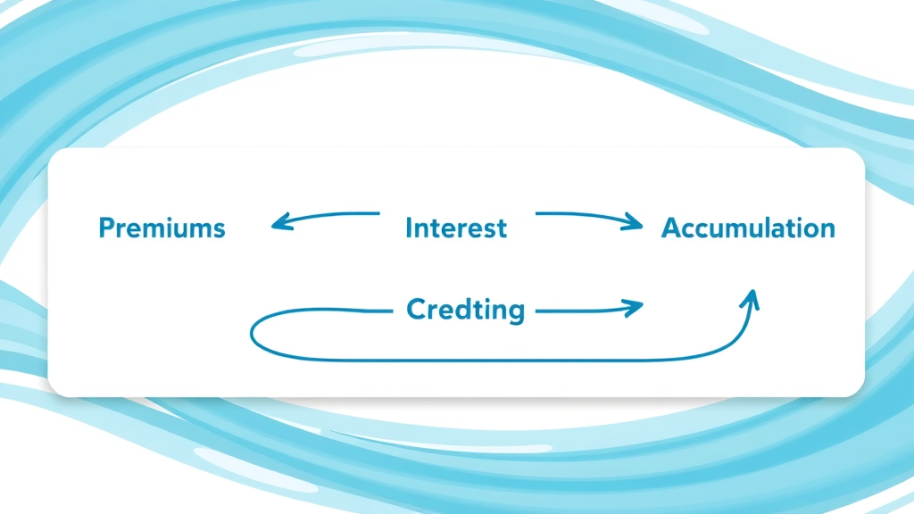 Infographic showing cash value accumulation in IUL cash value policy, flow of premiums and interest crediting