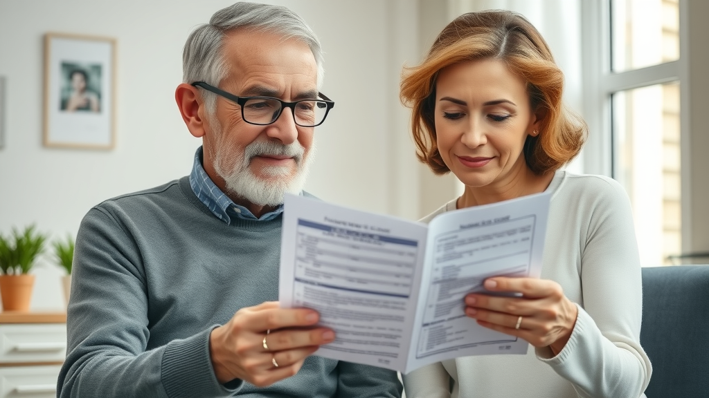 senior couple reviewing funeral cost documents burial insurance for seniors, home office background, paperwork, calculator