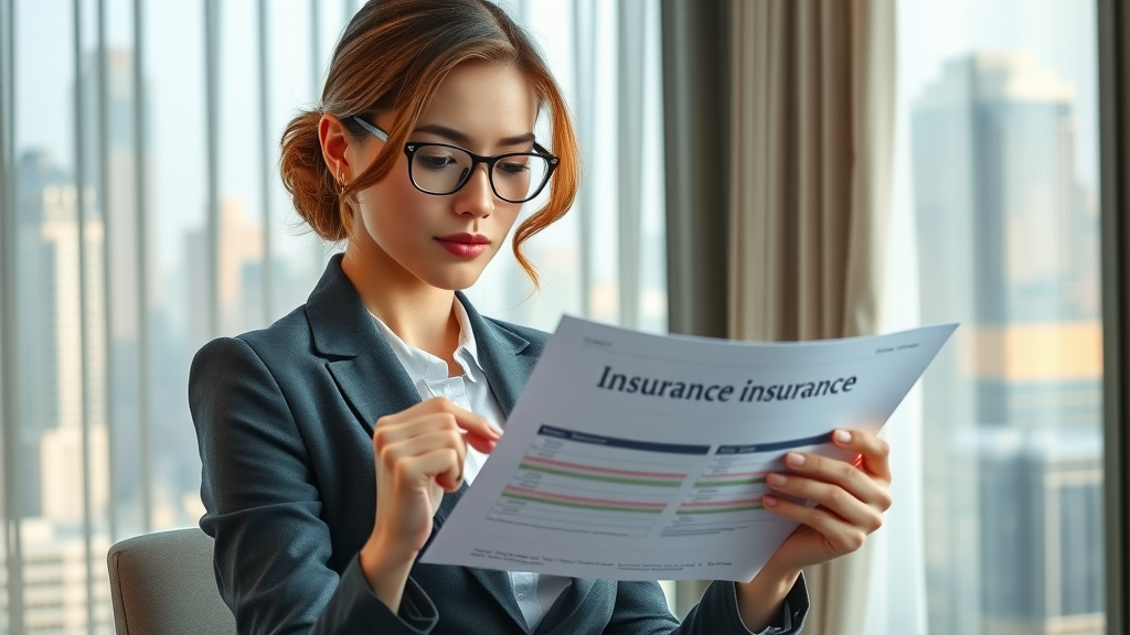 Businesswoman analyzing insurance charts in a modern office with city skyline (IUL benefits)