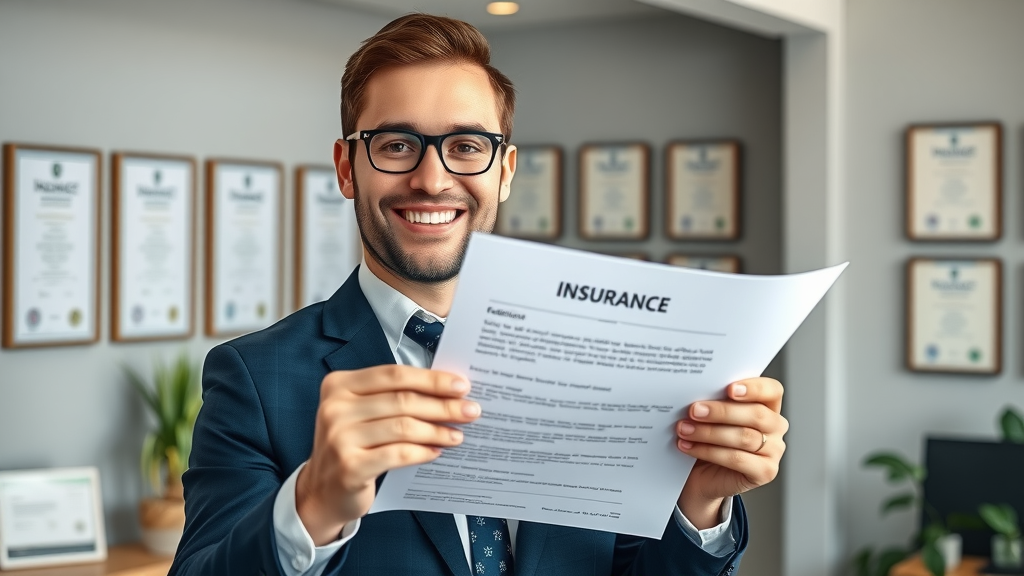 affordable burial insurance agent presenting customized policy, smiling insurance agent, welcoming expression, insurance office, professional, customized burial insurance plans