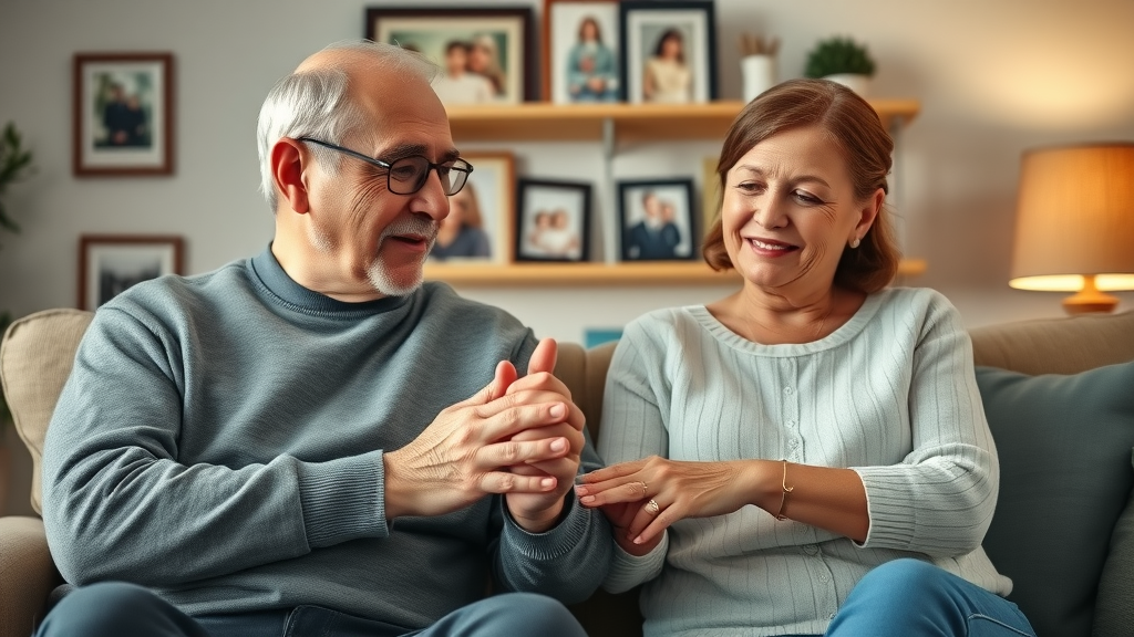 affordable burial insurance for family, heartfelt senior family seated together in cozy living room, holding hands, family photos in background, warm colors, soft gestures, highly detailed