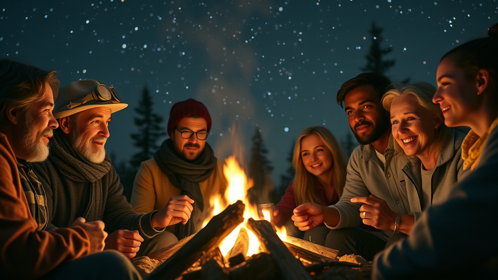 people gathered around a campfire, sharing stories under a starry sky