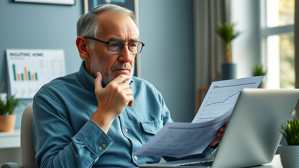 Thoughtful elderly man comparing life insurance options for seniors using charts; home office setting