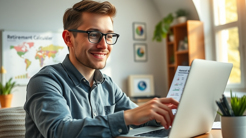 motivated young professional reviewing online retirement calculator on laptop to enhance retirement planning